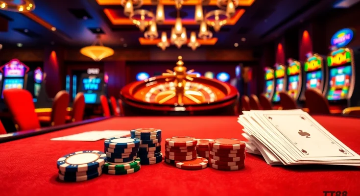 Engaging scene at https://tt88.to/ displaying a vibrant casino table adorned with cards, chips, and a roulette wheel.