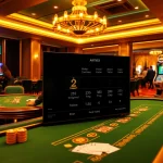 Kèo nhà cái 5 highlighted in a luxurious casino scene with blackjack, roulette, and active betting.