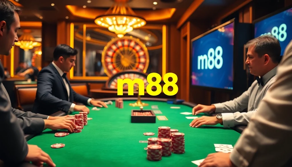 A thrilling poker scene showcasing gamblers at a casino table with vibrant m88 branding elements.