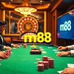 A thrilling poker scene showcasing gamblers at a casino table with vibrant m88 branding elements.