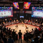 Experience the thrilling đá gà trực tiếp action with vivid live streams and game statistics displayed in a vibrant arena.