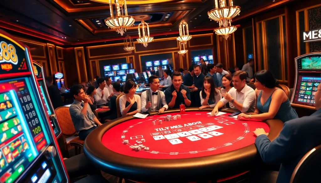 ME88 players enjoying a high-stakes game at a vibrant casino table with luxurious décor.