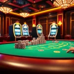 Casino scene showcasing action at https://hello88app.com/ with players engaged in blackjack and vibrant slot machines.