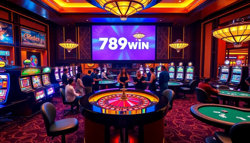 Players enjoying excitement at a vibrant 789win casino with elegant tables and bright slot machines.