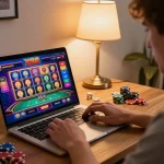 X88 players engaging in online slots and table games in a stylish home office.