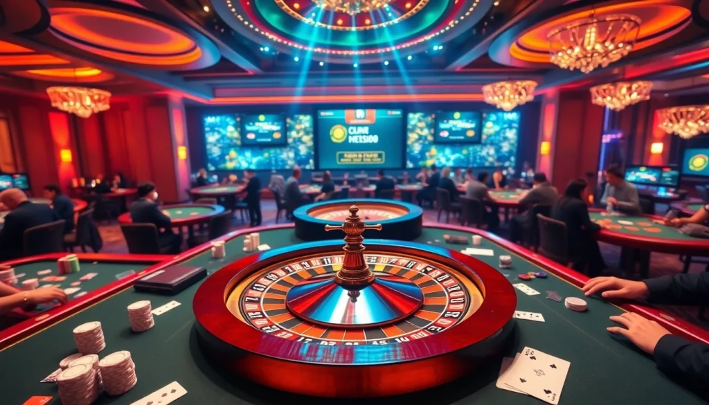 Players enjoying poker and roulette at a lively casino, showcasing https://net88.wtf/ for an exciting gambling experience.