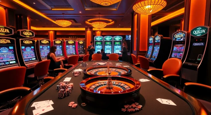 Players enjoying an exciting game at QQALFA's luxurious casino table with vibrant poker chips and cards.