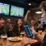 Place your bets on https://9bet.works/ while friends celebrate and strategize in a lively sports betting venue.