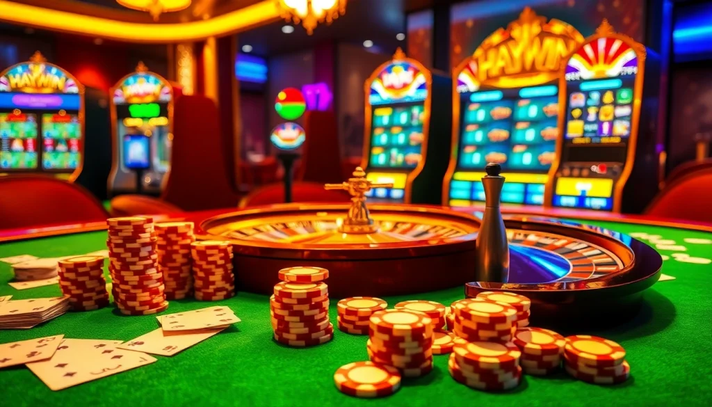 Experience the thrill of haywin at a glamorous casino table with stacked poker chips and vibrant gameplay.