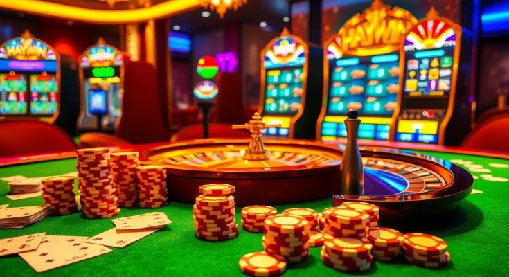 Experience the thrill of haywin at a glamorous casino table with stacked poker chips and vibrant gameplay.