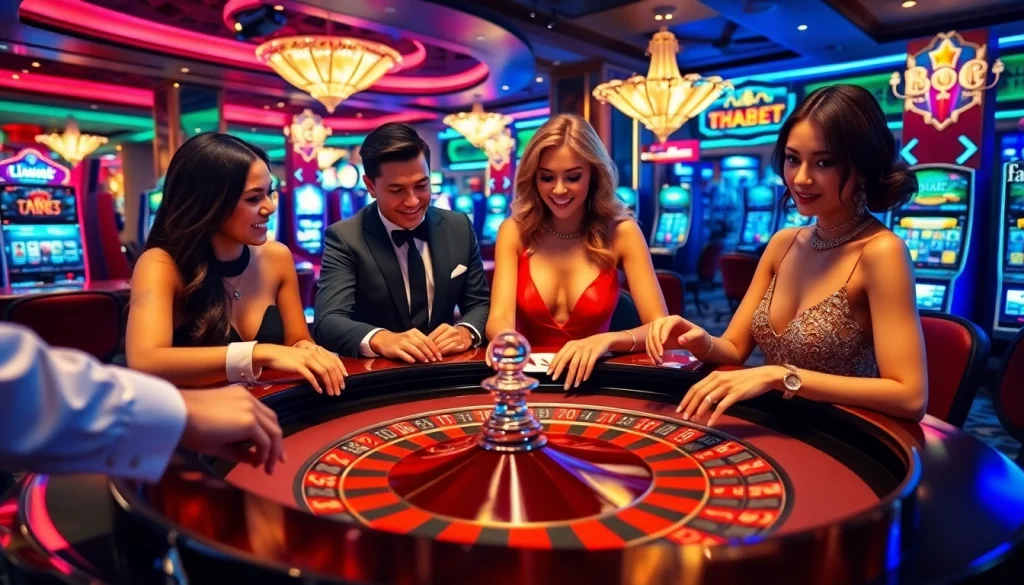 Thrilled players place bets at a THABET roulette table, showcasing luxury and excitement in a casino.