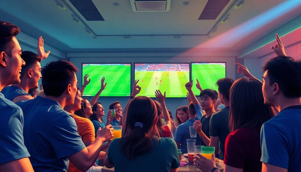 Excited fans enjoying live soccer through Luong Son TV, showcasing vibrant streaming atmosphere.