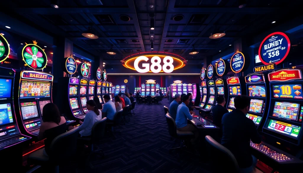 Exciting G88 gaming platform scene with players at vibrant slot machines.