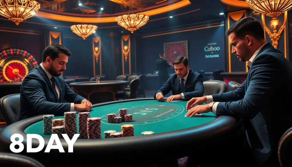 Engage with high-stakes poker at 8DAY, featuring players, chips, and luxury casino ambiance.