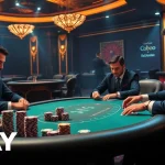 Engage with high-stakes poker at 8DAY, featuring players, chips, and luxury casino ambiance.