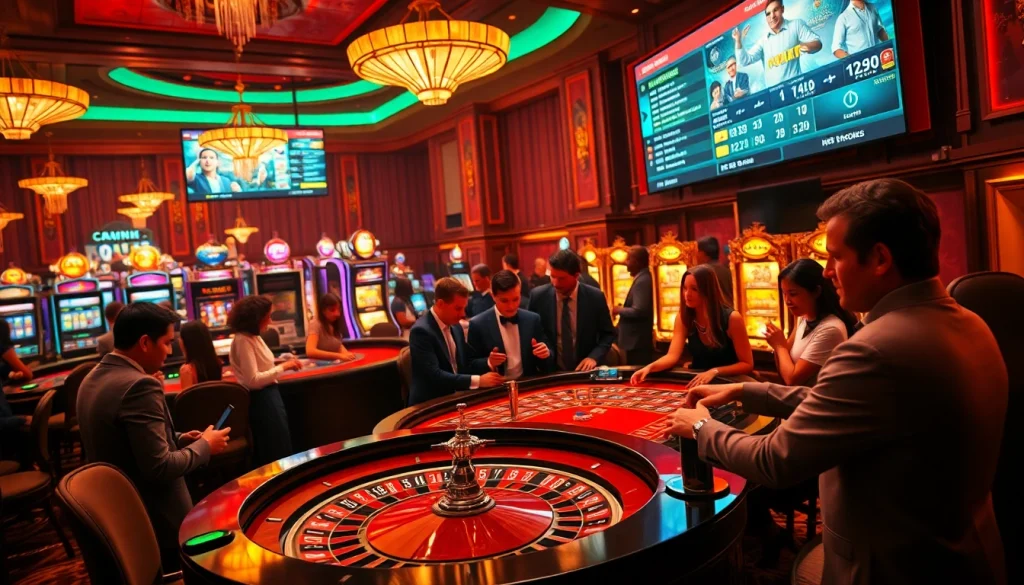 Players enjoy the luxurious casino experience at https://f168biz.com/, engaging at roulette and slot machines.