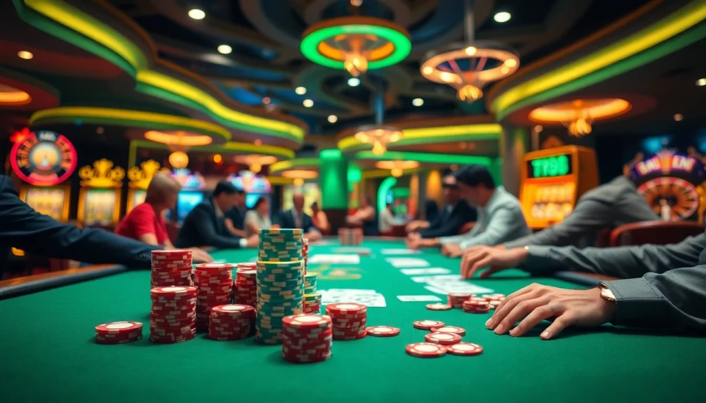 Experience the thrill of gambling at the tr88 poker table with vibrant chips and engaged players.