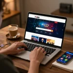 Gaming on F168's online casino platform with laptop and smartphone in a cozy home setting