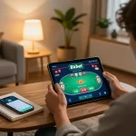 Player enjoying 8xbet poker game on tablet in cozy modern living room, tracking strategies safely.