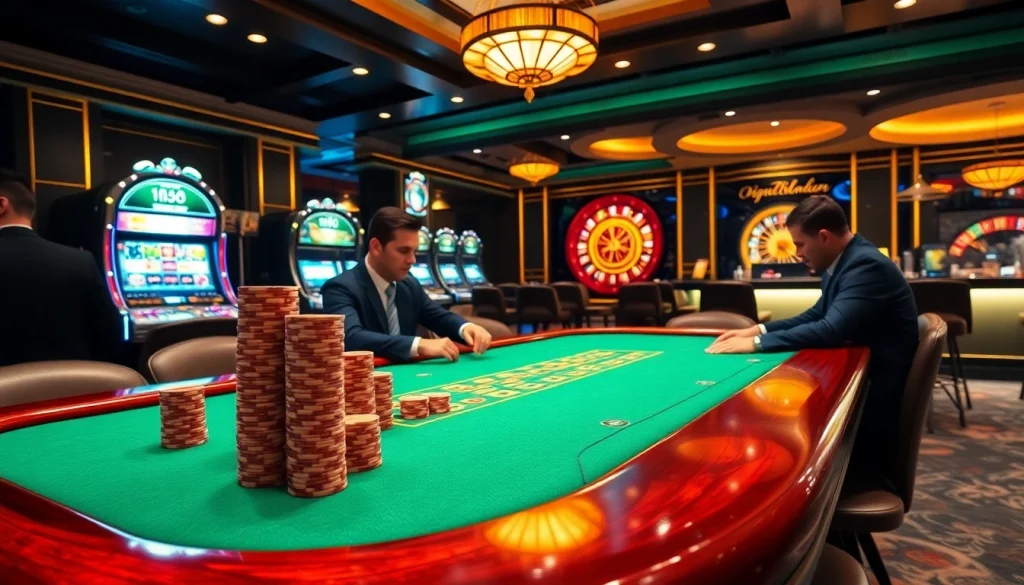 Players passionately engaging at a M98-themed poker table in an upscale casino setting.