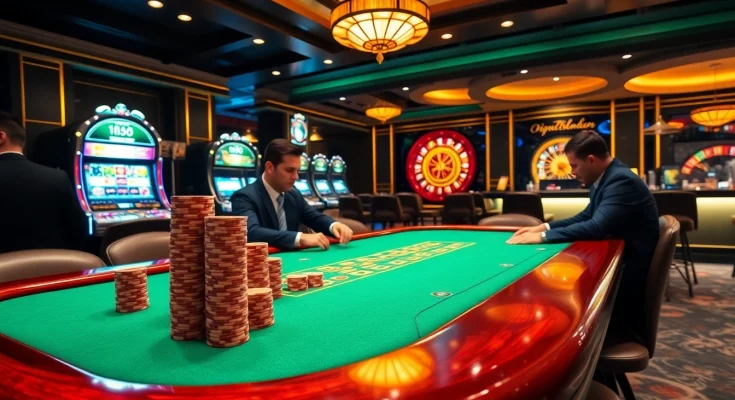 Players passionately engaging at a M98-themed poker table in an upscale casino setting.