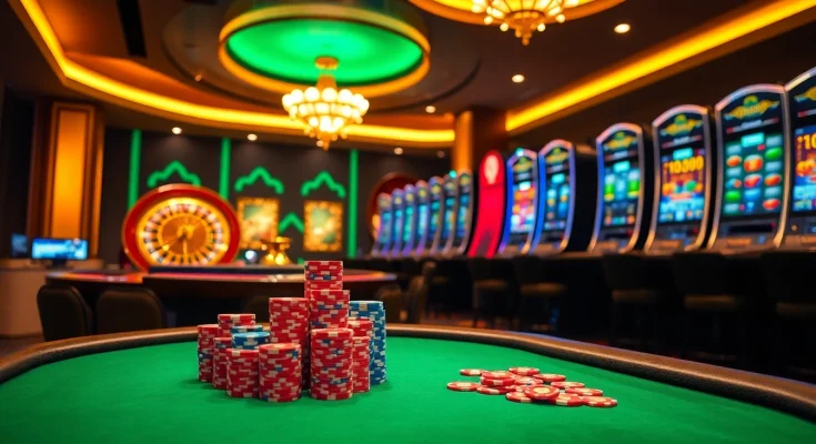 Experience the thrill of poker at OK8386 casino with vibrant chips and a roulette wheel.