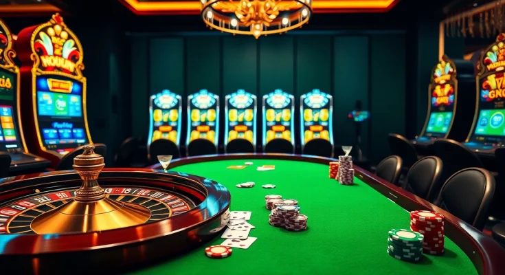 Engaging casino scene highlighting xn88 poker chips and roulette wheel in a luxurious setting.