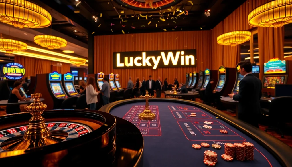 LuckyWin casino scene with vibrant roulette wheel and excited players at tables.
