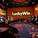 LuckyWin casino scene with vibrant roulette wheel and excited players at tables.