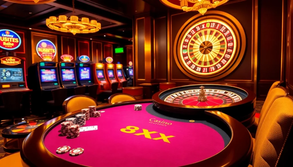 8XX branded roulette wheel and poker table capturing a high-stakes casino atmosphere.