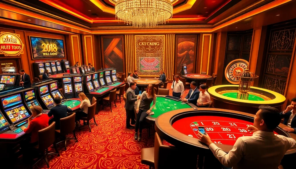 Cổng game Ku88 offers a vibrant casino atmosphere with players enjoying blackjack, poker, and slots.