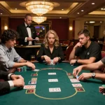 Fly88 players engaging in an exciting poker game, showcasing strategic gameplay at an upscale casino.