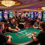 gbong players enjoy intense blackjack action on a vibrant Las Vegas casino floor with professional dealer overhead lighting