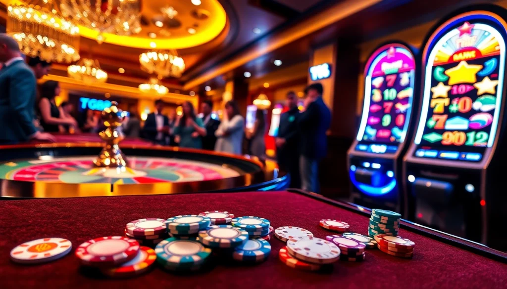 Experience the excitement of TG88 at a luxurious casino table with vibrant roulette and poker action.