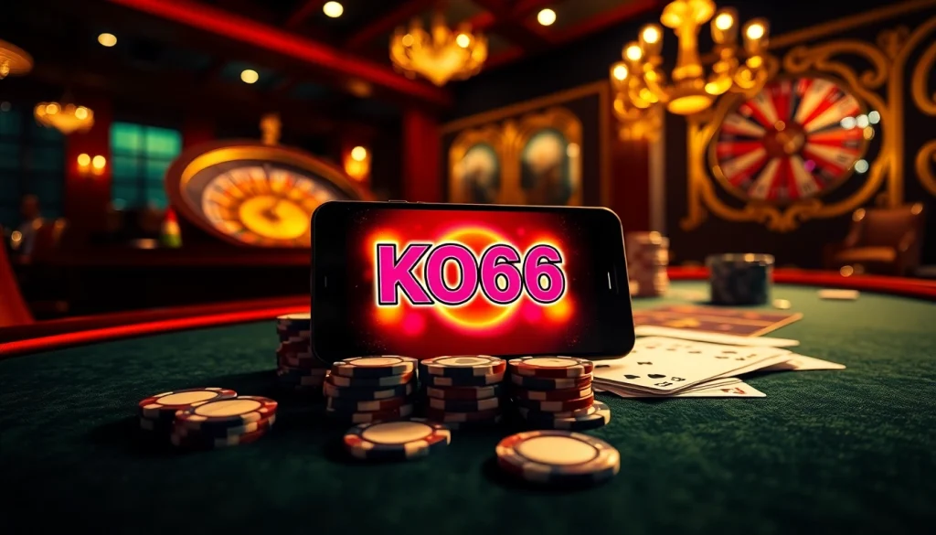 Cảnh casino thú vị với ứng dụng di động KO66 hiển thị trên bàn poker được bao quanh bởi chip và bài.