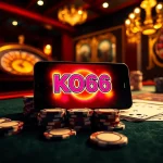 Cảnh casino thú vị với ứng dụng di động KO66 hiển thị trên bàn poker được bao quanh bởi chip và bài.
