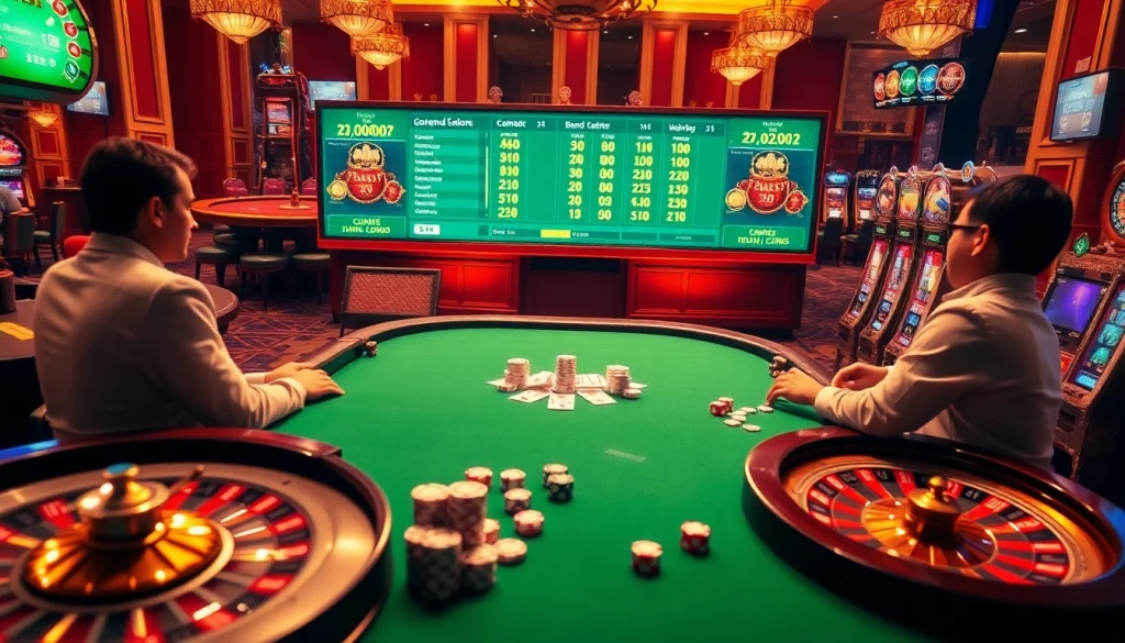 Players enjoying a thrilling game at 789win com with poker tables and slot machines in a vibrant casino atmosphere.