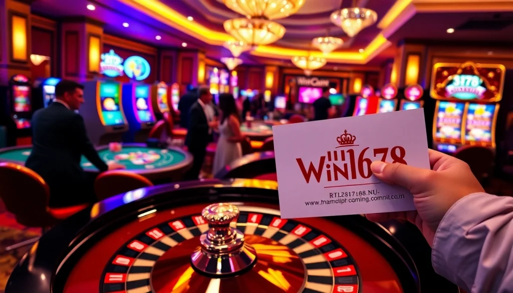 Experience thrilling gameplay at https://win678.us/ with vibrant casino scenes and engaging slot machines.