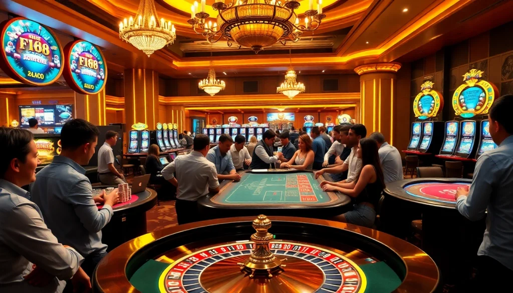 F168 Casino interior featuring engaging players at roulette and poker tables with vibrant atmosphere.
