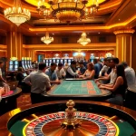 F168 Casino interior featuring engaging players at roulette and poker tables with vibrant atmosphere.
