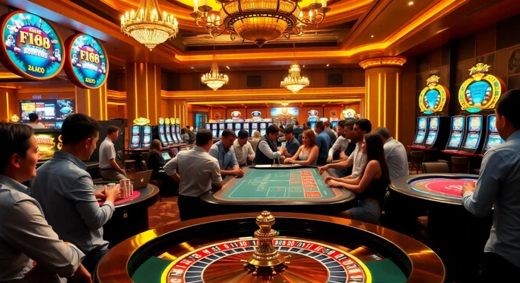 F168 Casino interior featuring engaging players at roulette and poker tables with vibrant atmosphere.