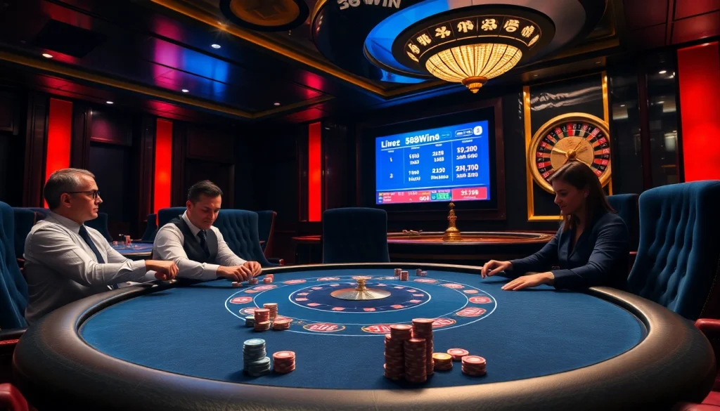 A thrilling poker game at 58win casino with colorful chips and a roulette wheel.
