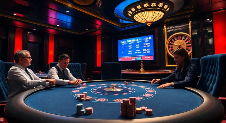 A thrilling poker game at 58win casino with colorful chips and a roulette wheel.
