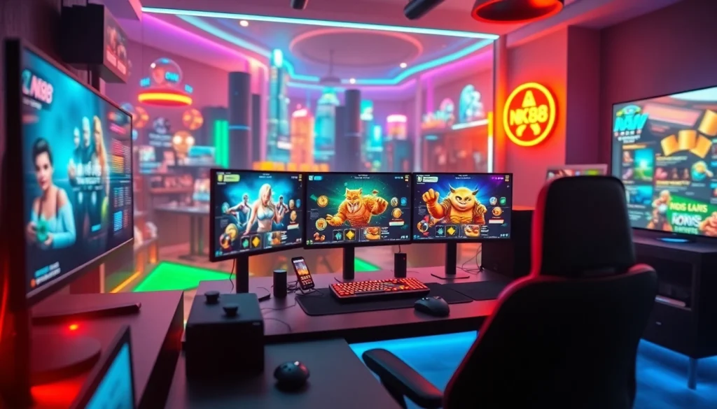 Engaging online gaming environment showcasing nk88 with vibrant visuals and tech elements.
