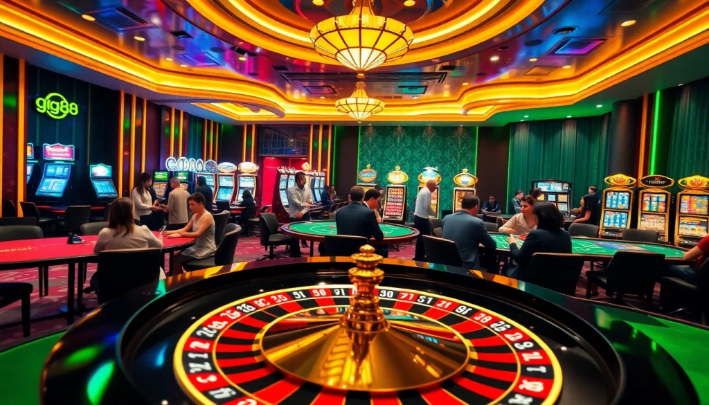 Gamble excitingly at gg88 with vibrant slots, roulette, and poker tables in a luxury casino scene.
