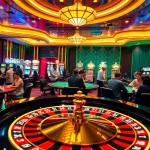 Gamble excitingly at gg88 with vibrant slots, roulette, and poker tables in a luxury casino scene.