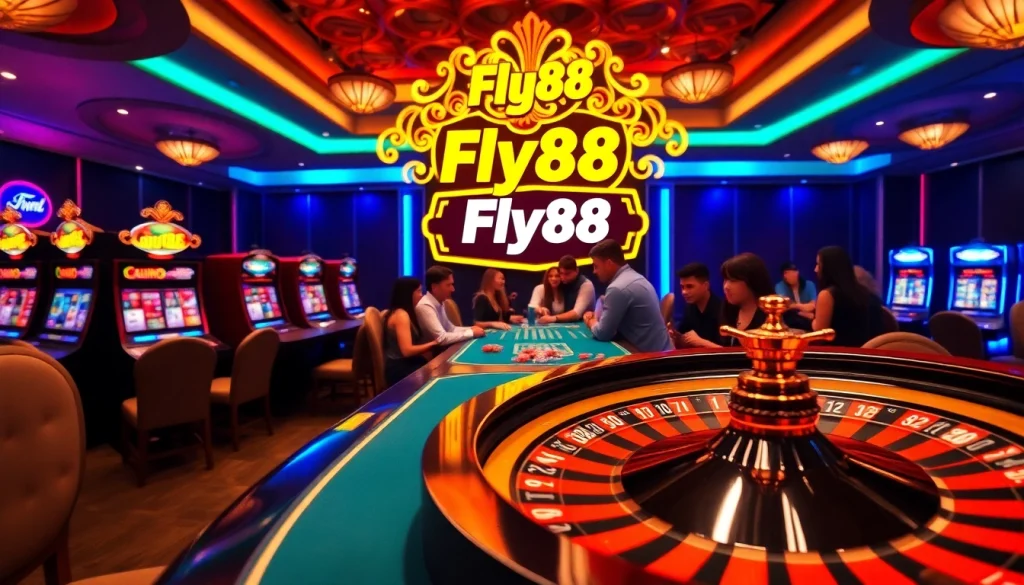 Experience the thrill of Fly88 with players engaged at a vibrant casino table amidst luxury.