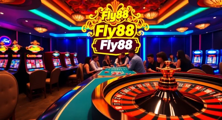 Experience the thrill of Fly88 with players engaged at a vibrant casino table amidst luxury.