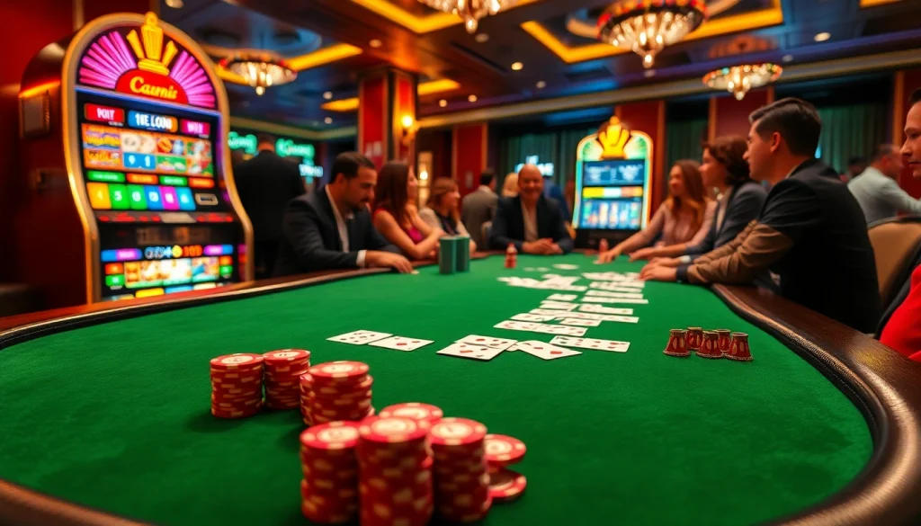 Immersive casino experience at https://nohu90vn2.com/ featuring poker table and vibrant slot machines.