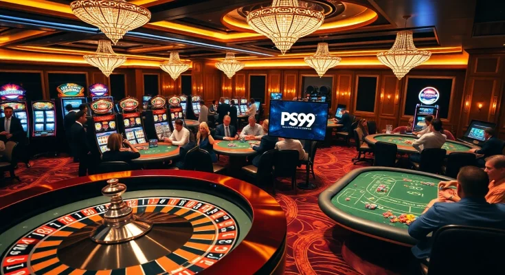 Exciting PS99 casino scene with poker tables and vibrant slot machines engaging players.